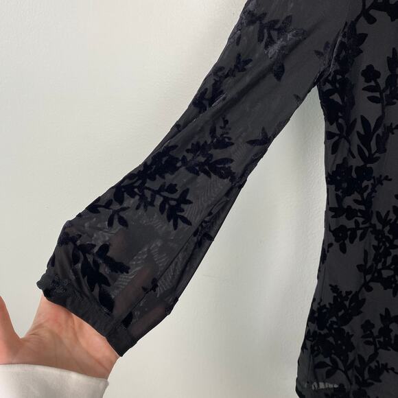 Chaps Velvet Burnout Blouse Mesh Sheer Top Floral Black Whimsygoth Size Large - Picture 6 of 11